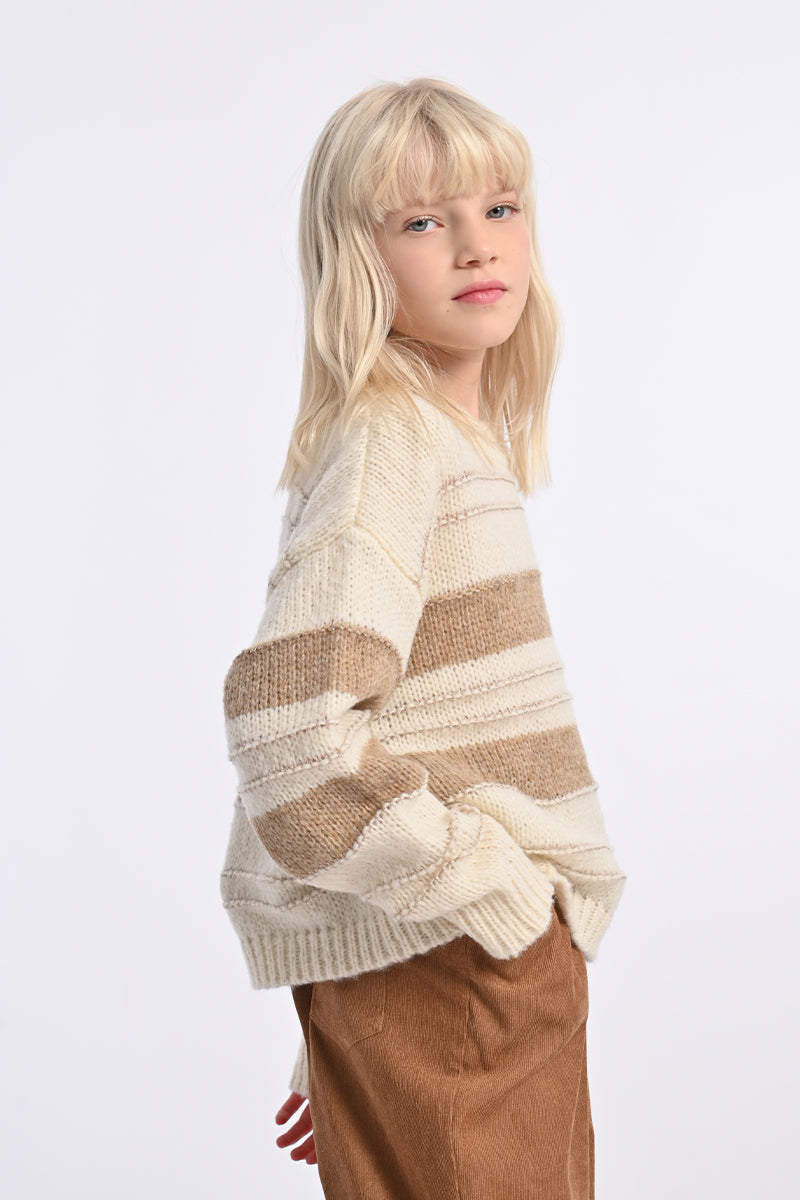 Girls Off White/Beige Striped Sweater