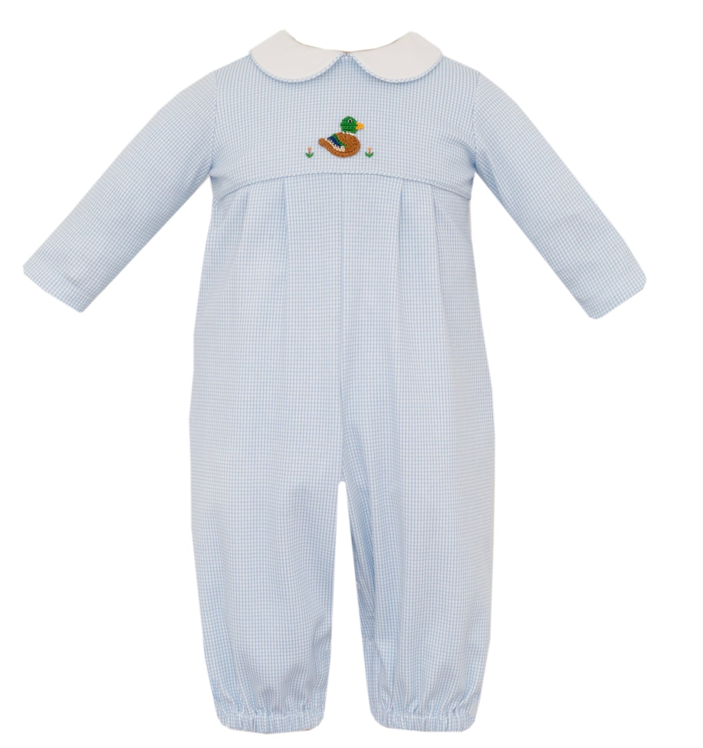 Blue Check Knit Romper w/ Mallard Duck