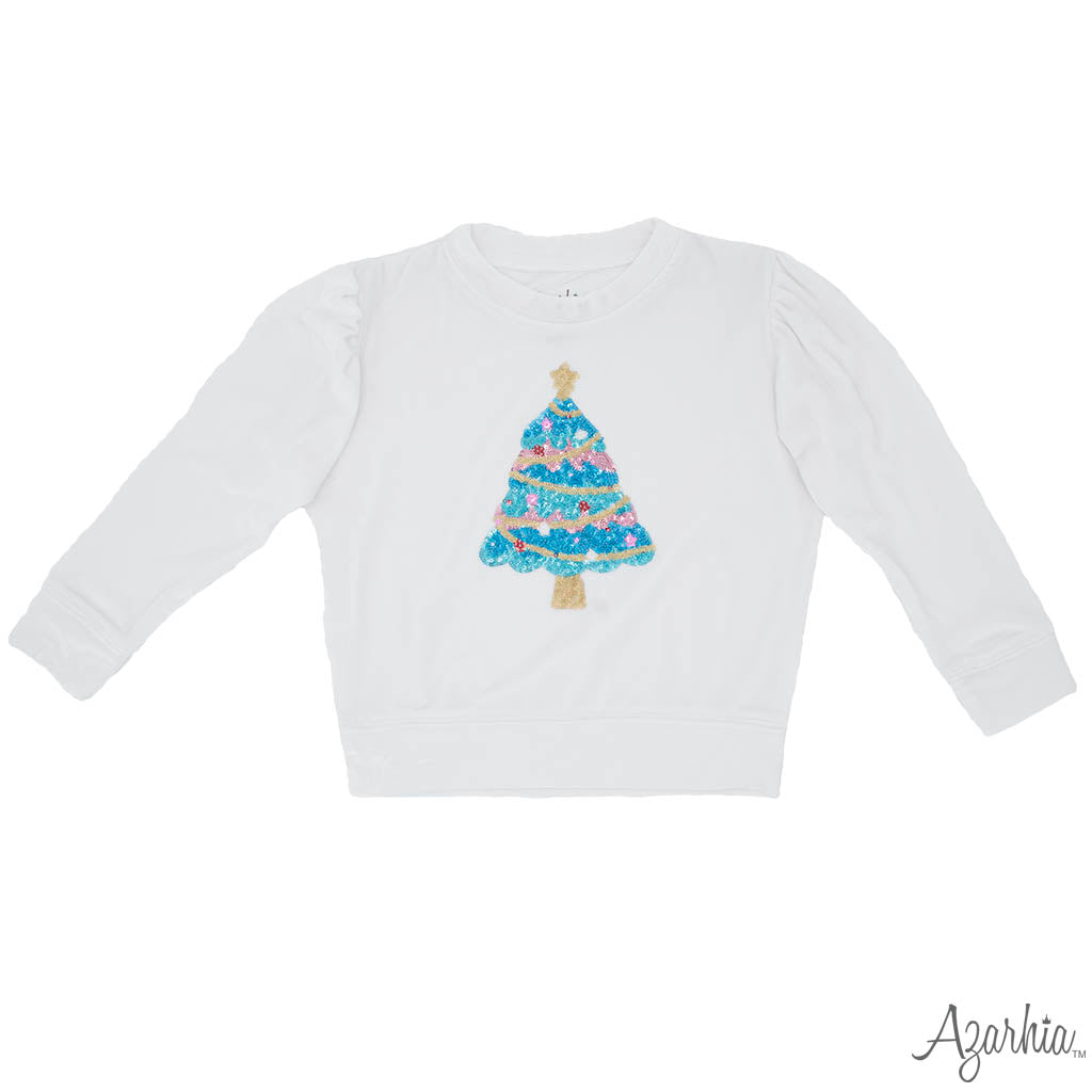 White Velvet Sweatshirt w/Sequin Christmas Tree