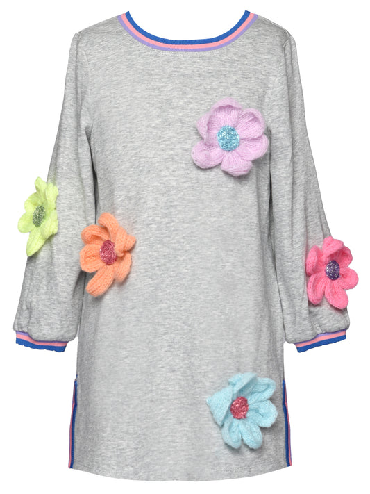 Grey Long Sleeve Dress w/3D Flowers