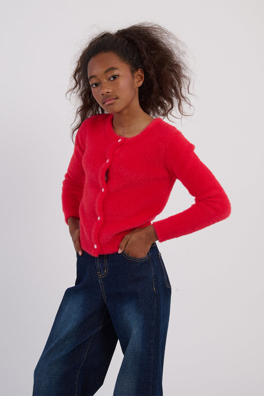 Girls Red Knit Cardigan