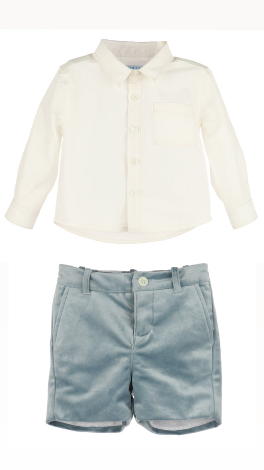 Boys Blue Velvet Shorts w/ White Button Down