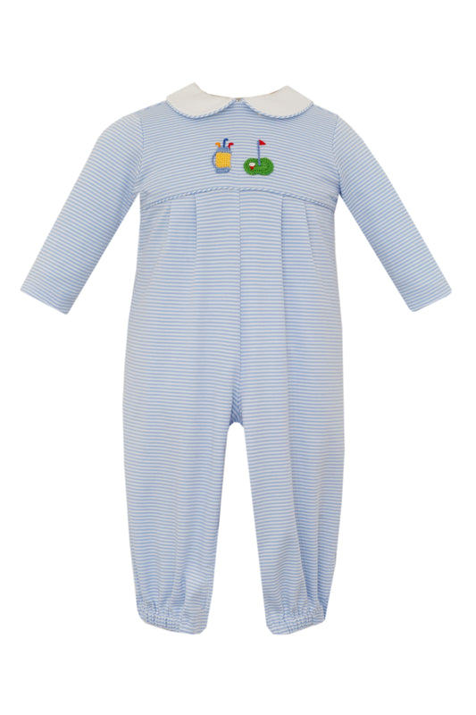 Light Blue Stripe Knit Romper w/ Golf