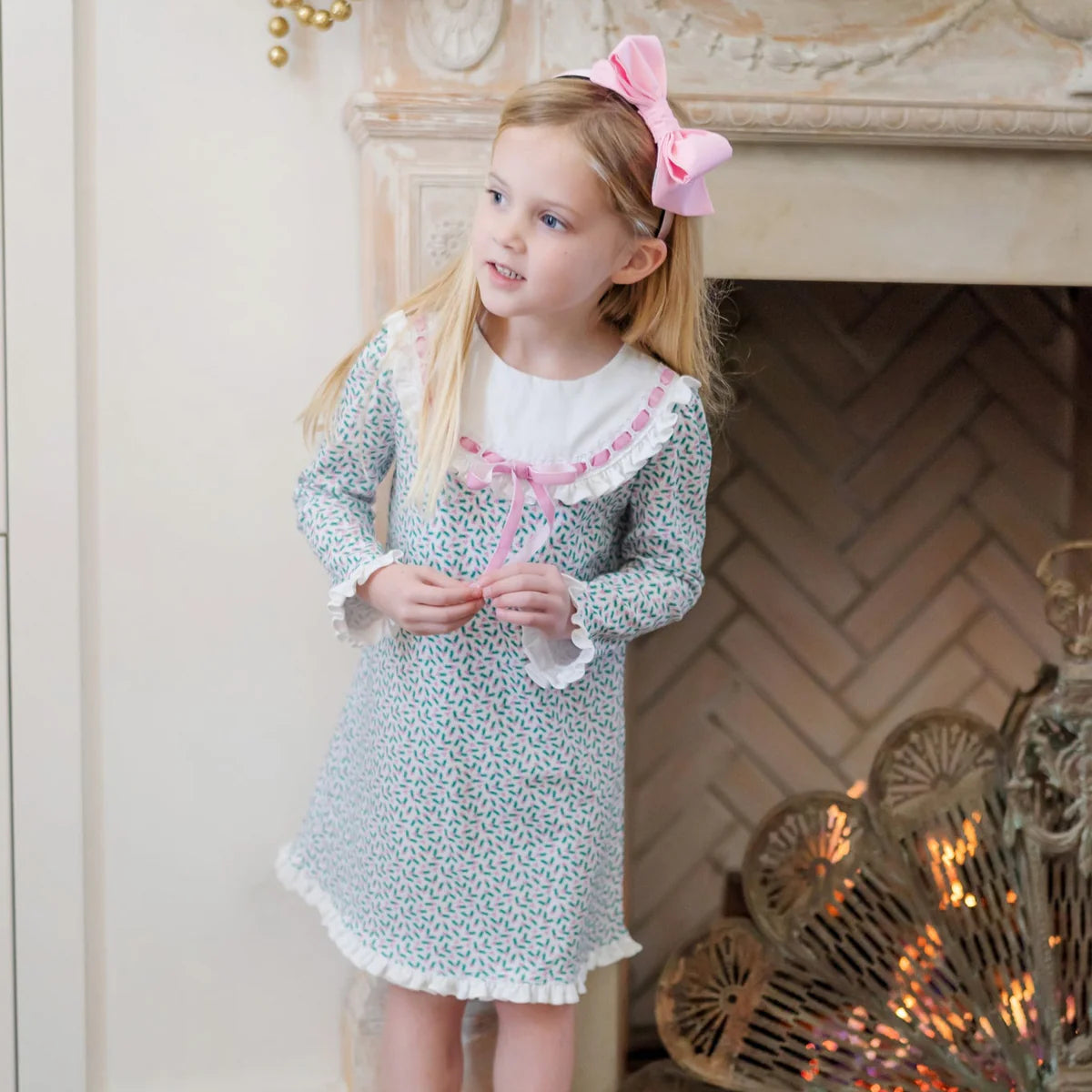 Emersyn Girls' Lace Trim Dress- Holly Holiday