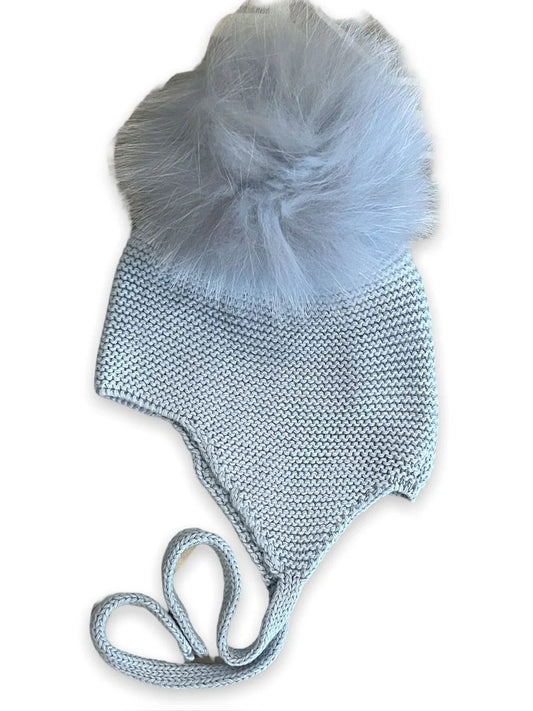 Fur Pom Tie Hat- Blue