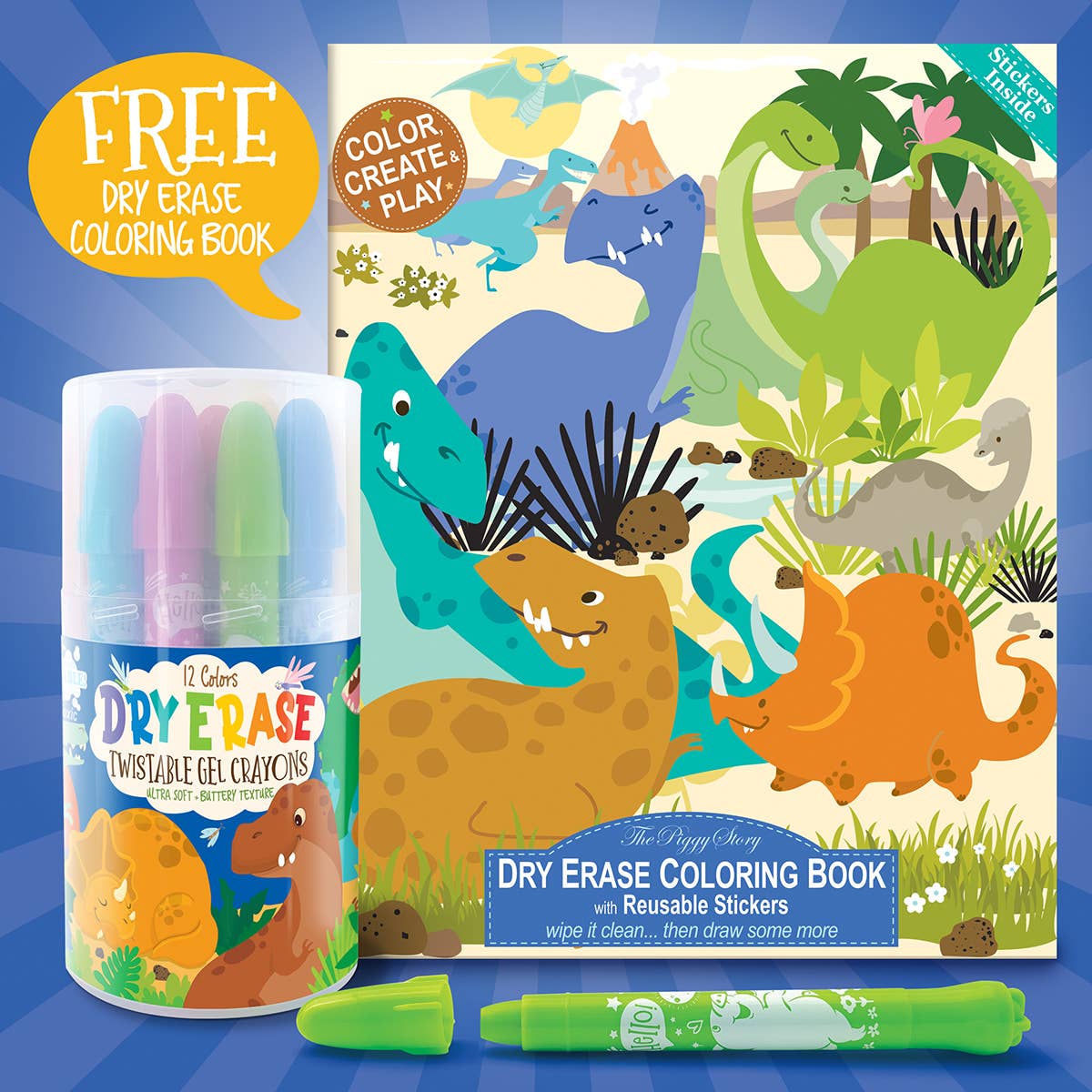 Dry Erase Gel Crayons with FREE Coloring Book | Dinosaur